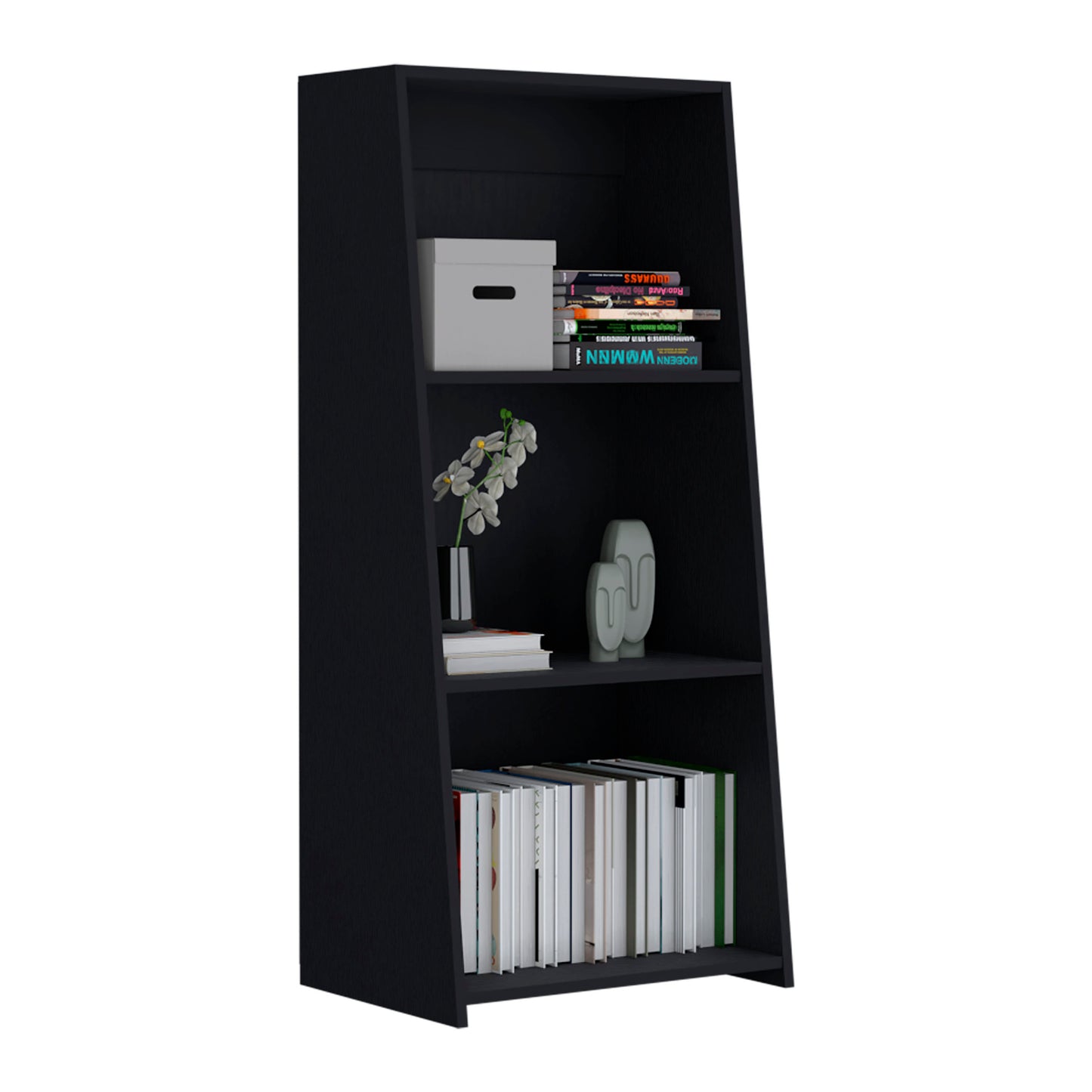 Black modern bookshelf with four shelves displaying books and decor
