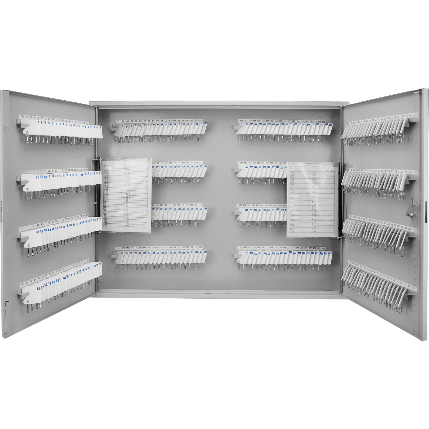Grey metal key cabinet with numbered hooks and organized key tags for secure storage