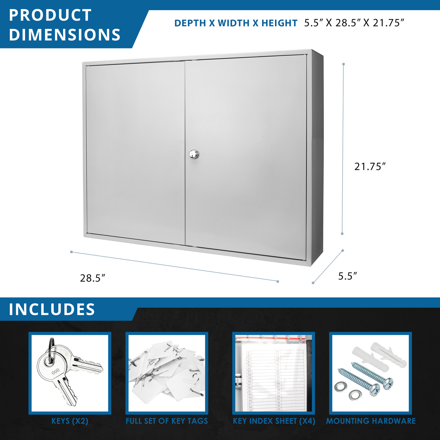 Silver metal key cabinet W x D x H with lock