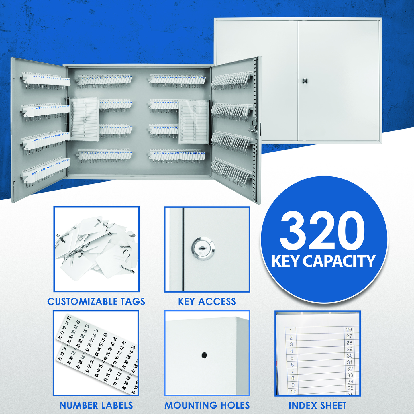 Large gray metal key cabinet with key hooks and labeled slots