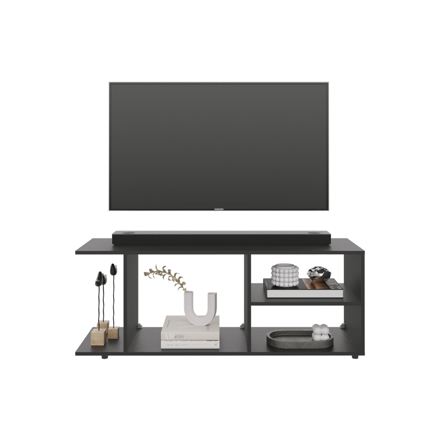 Modern black media console with TV and soundbar perfect for living rooms