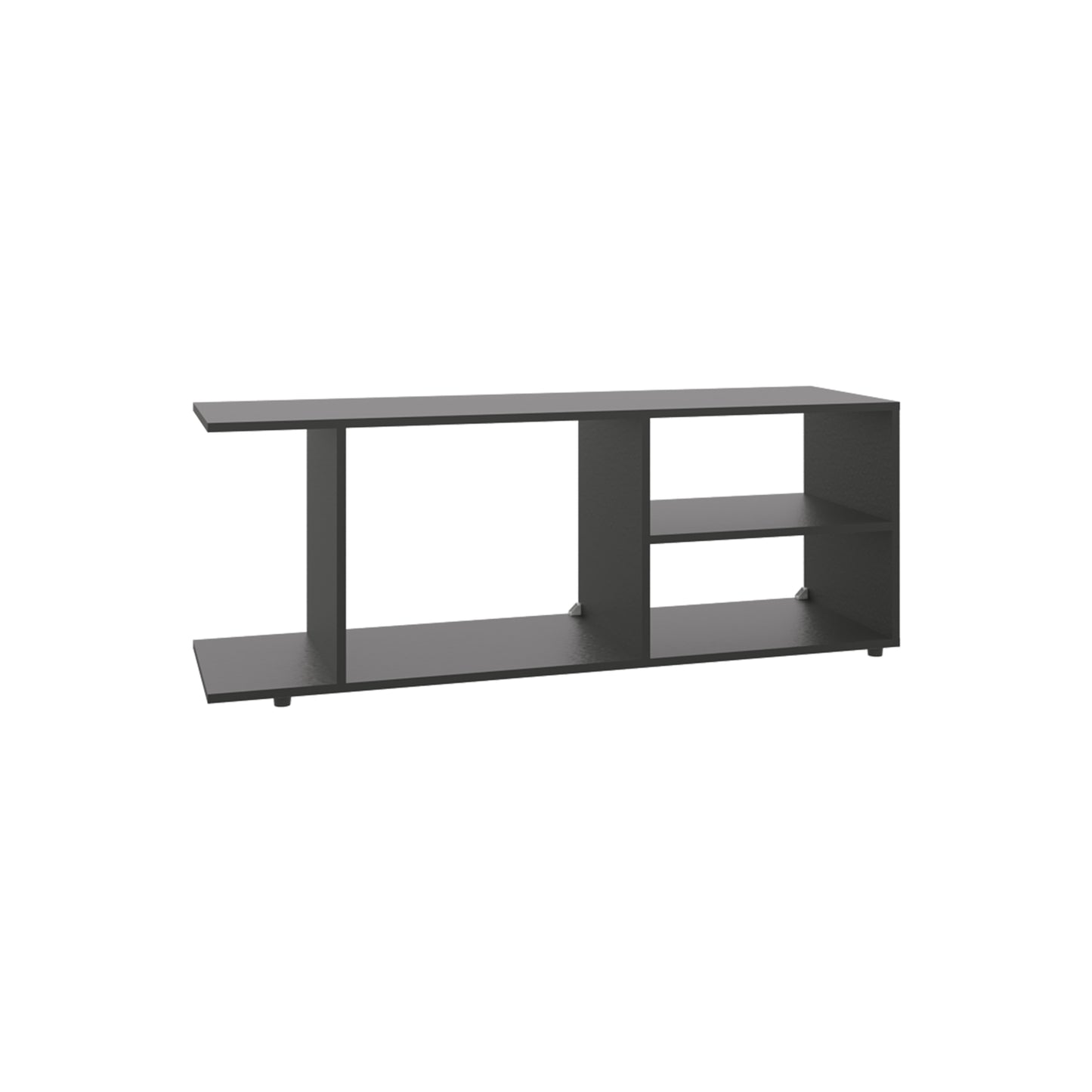 Modern dark gray TV stand with open shelving for media consoles