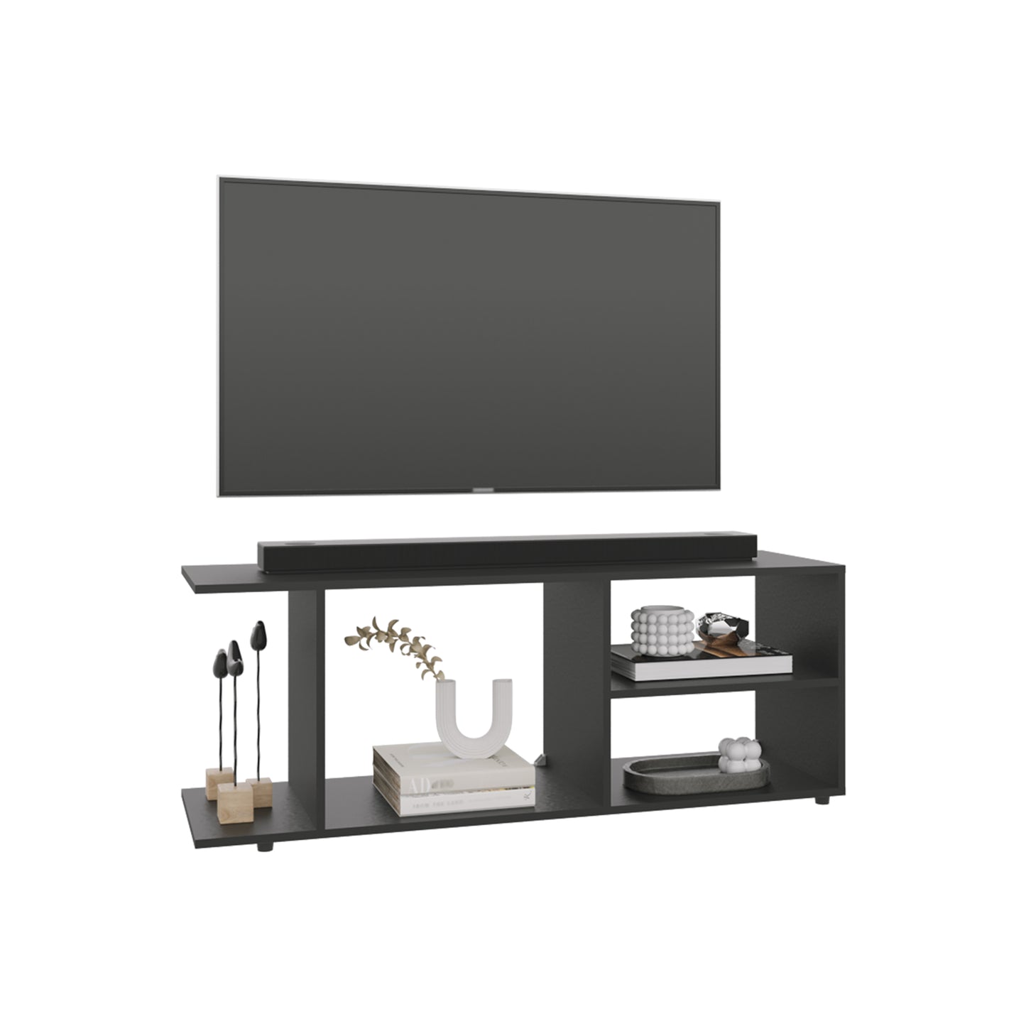 Dark gray modern tv stand with soundbar and decorative items