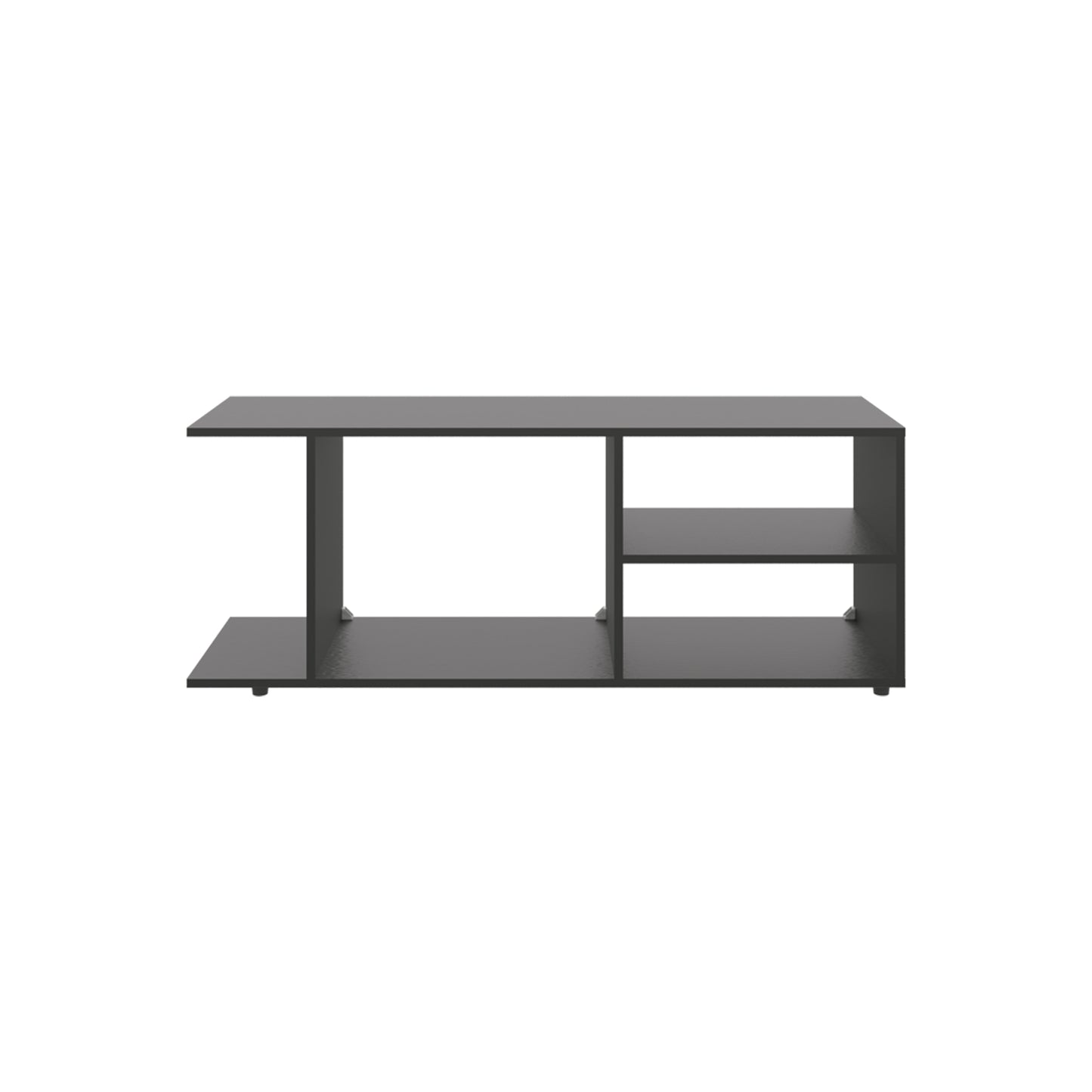 Dark gray modern media console with open shelves for media storage