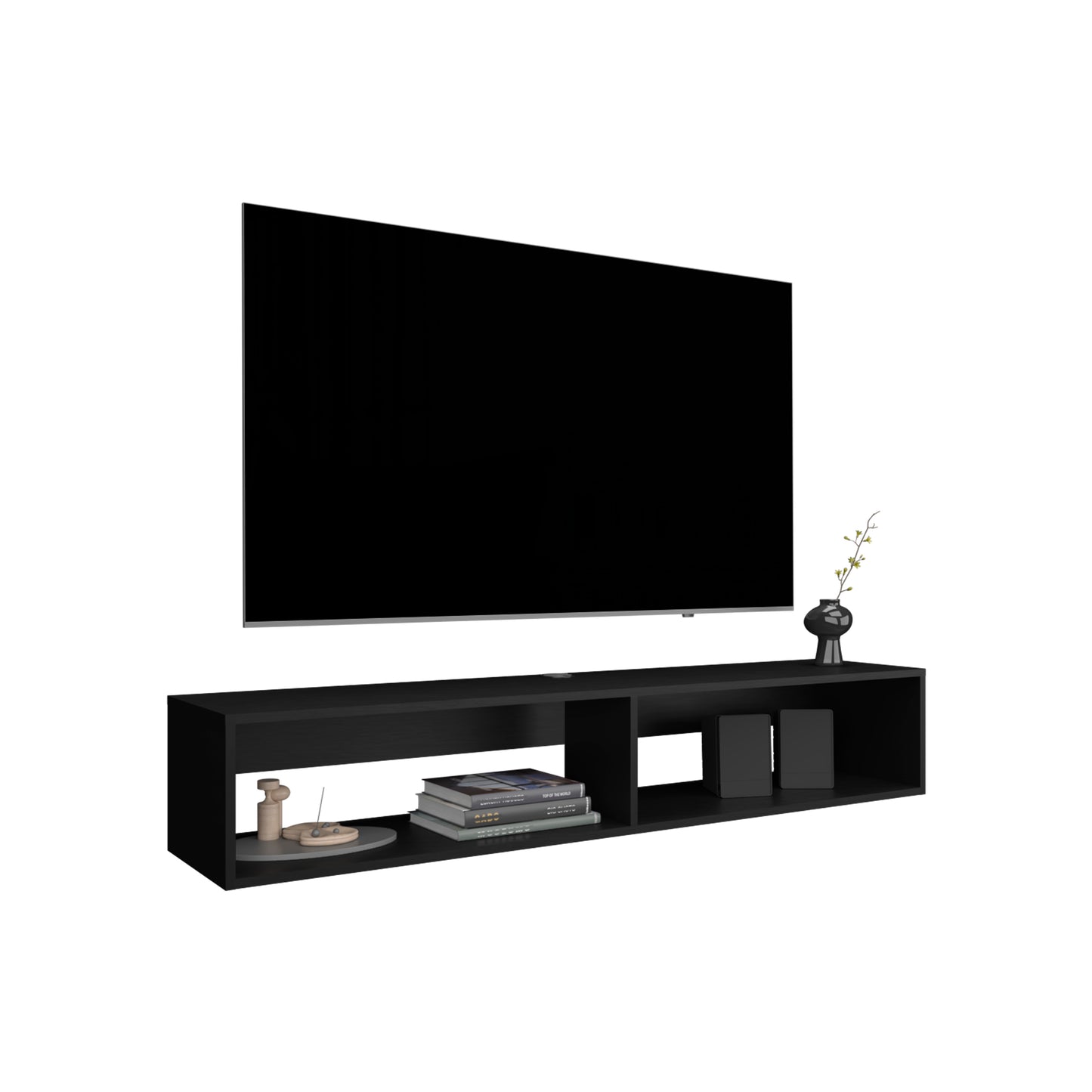 Sleek black floating TV stand with minimalist design and integrated shelving for media components