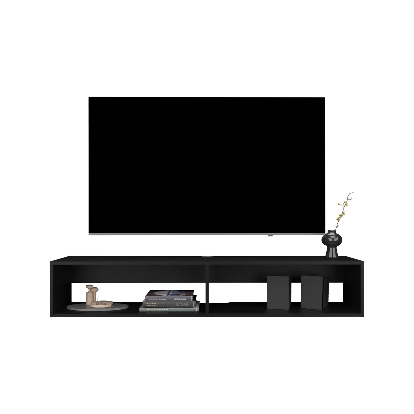 Sleek black modern TV stand with minimalist open shelving perfect for media consoles