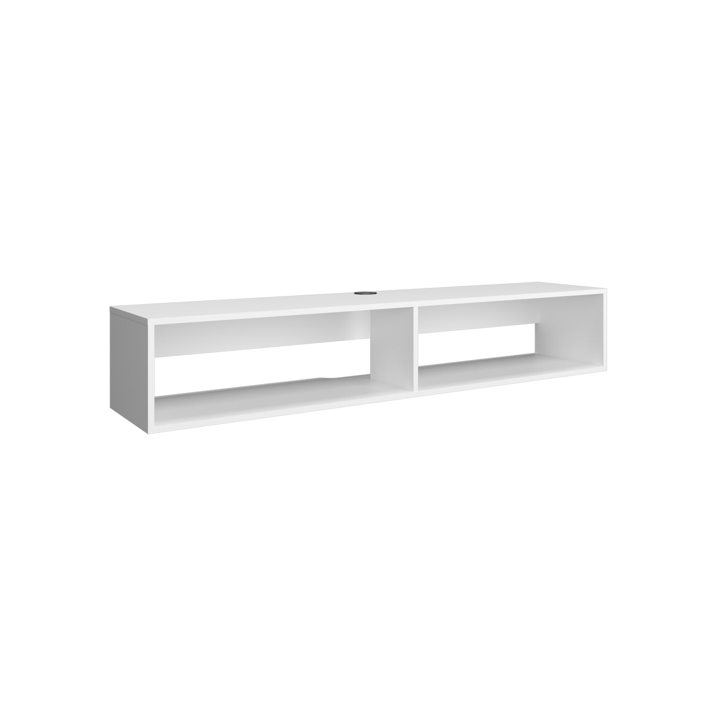 Modern white wallmounted TV stand with two open shelves and cable management