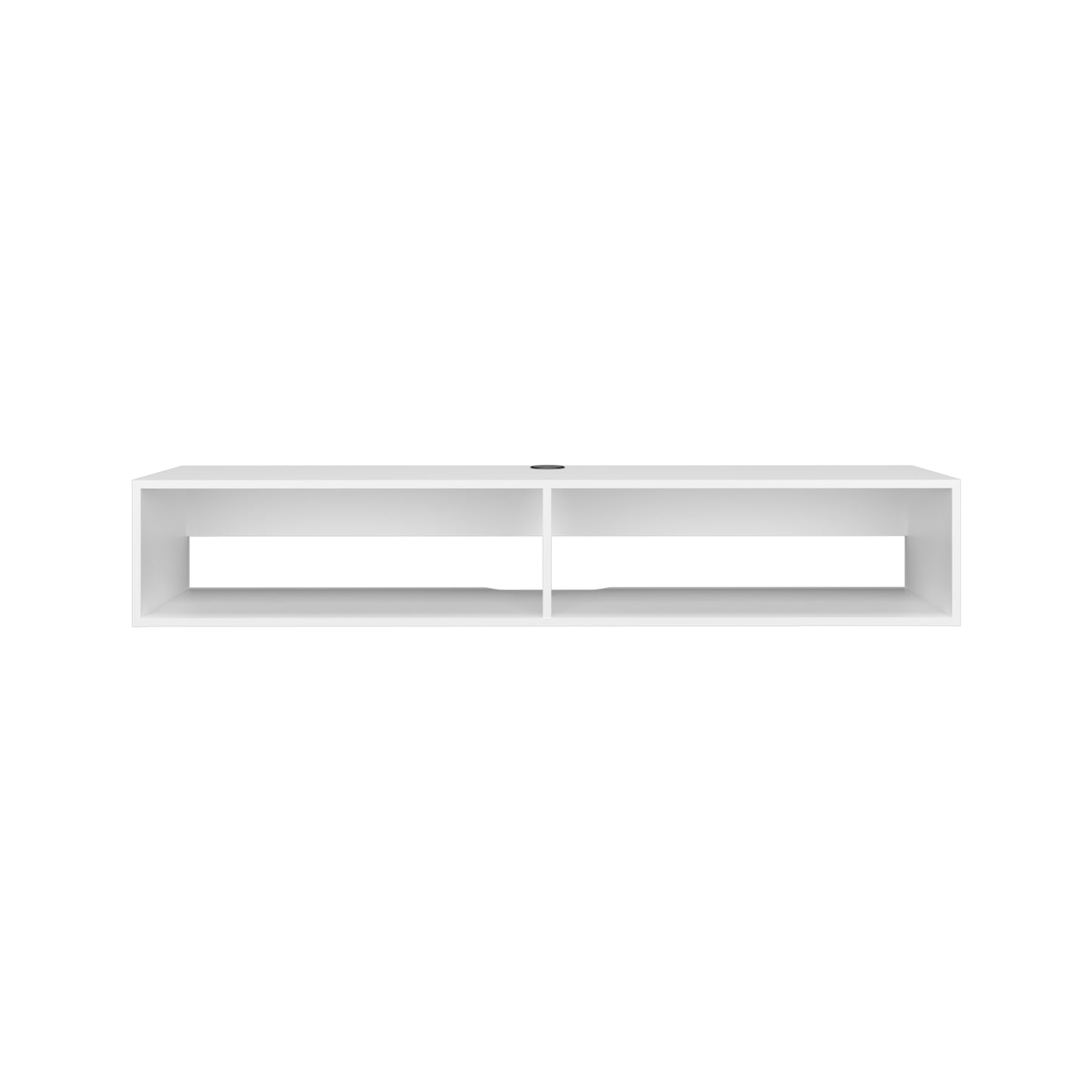Sleek white modern media console with four open shelving compartments for entertainment setups