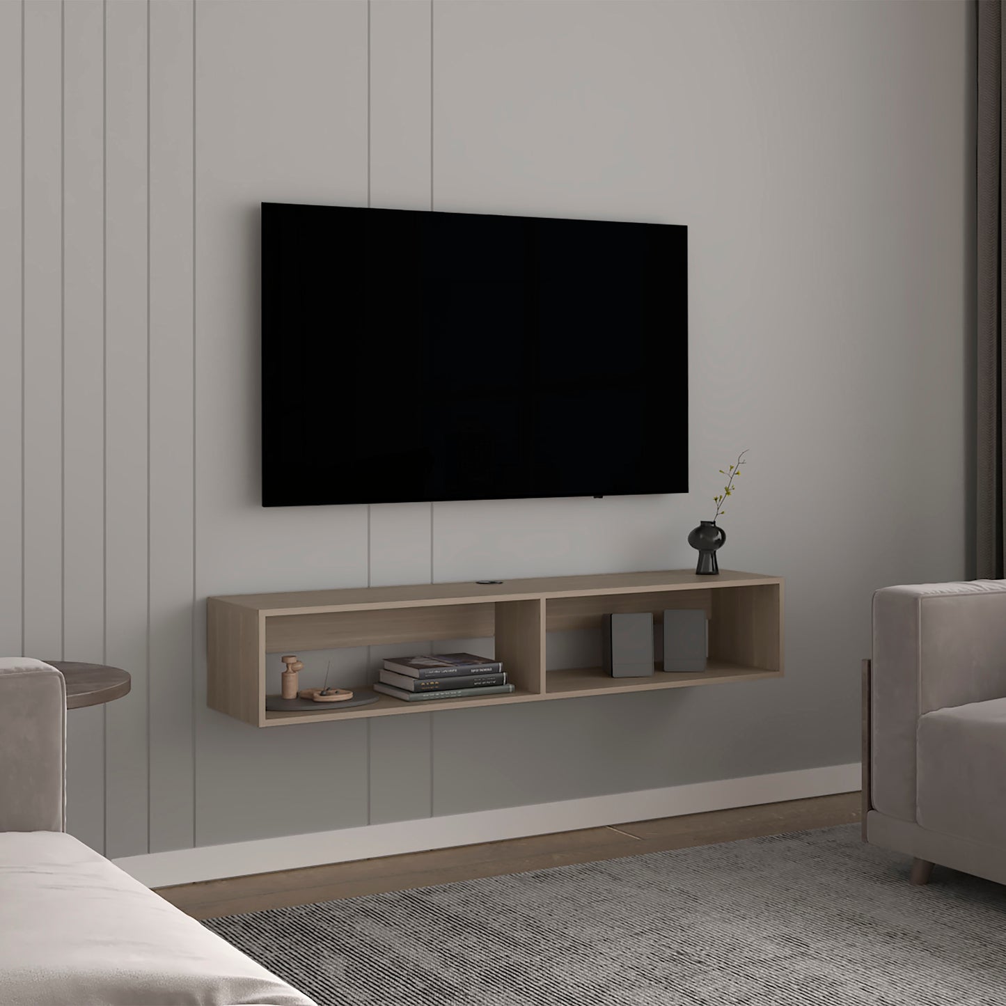 Floating oak media console with two open compartments and decorative items
