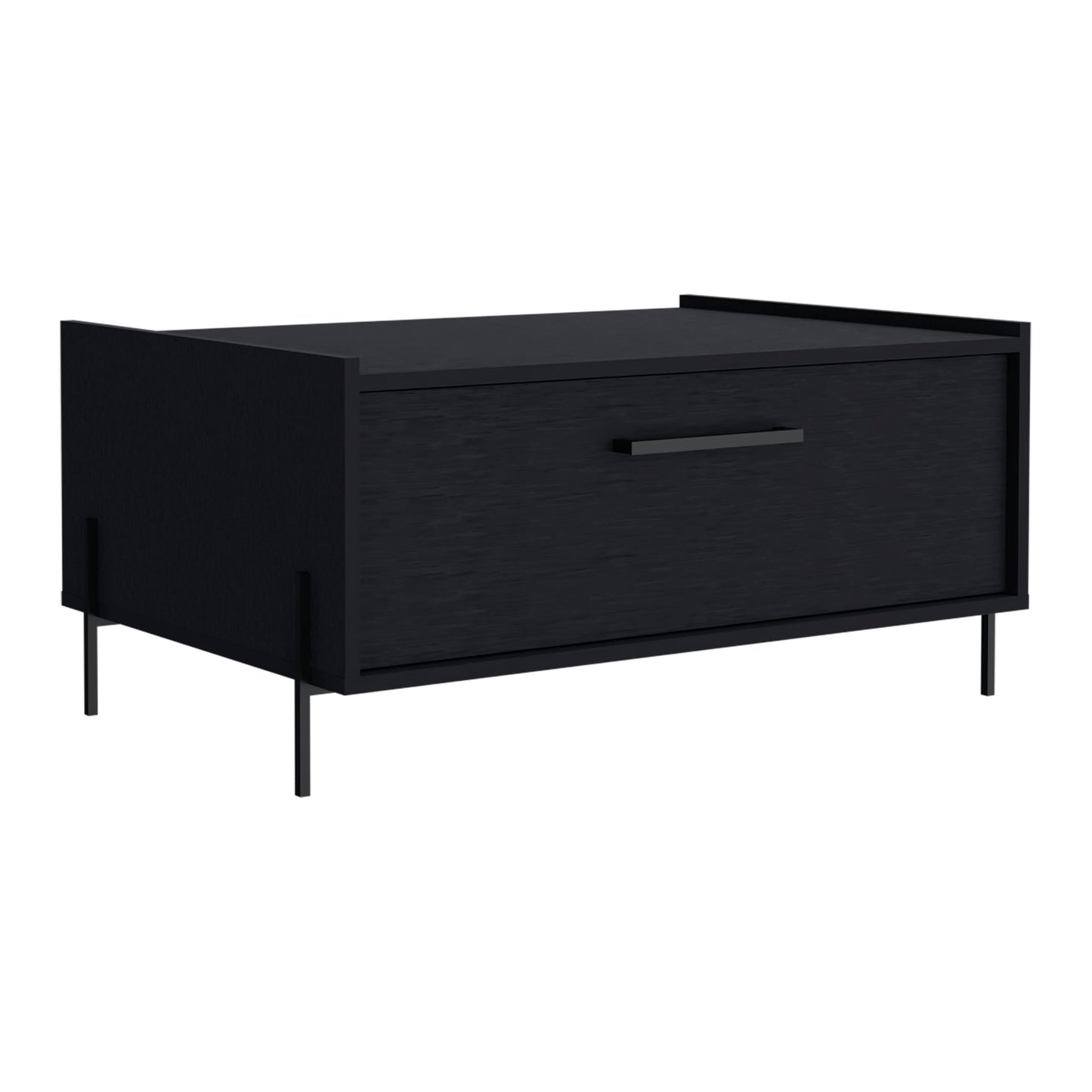 Modern black wood chest of drawers with slim metal legs and a sleek handle