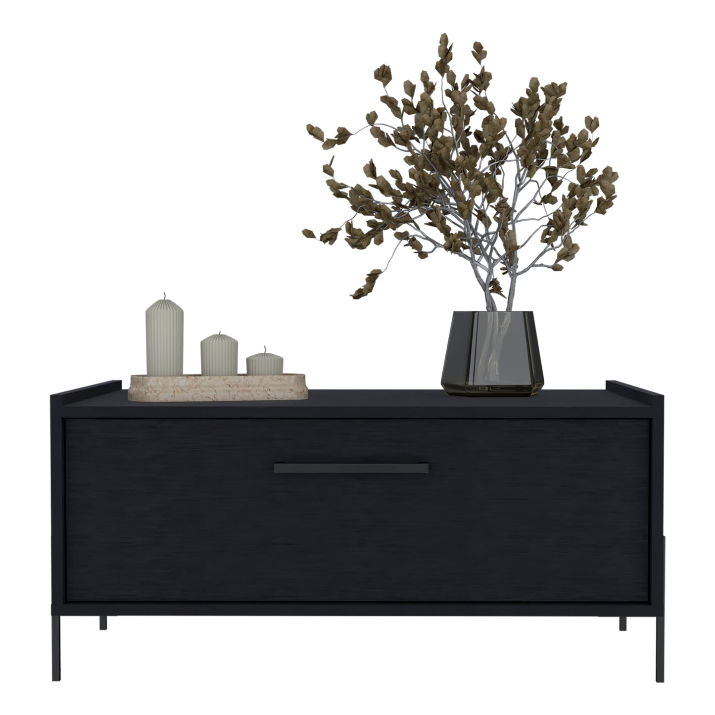 Dark wood dresser with modern design featuring a single drawer and metal legs
