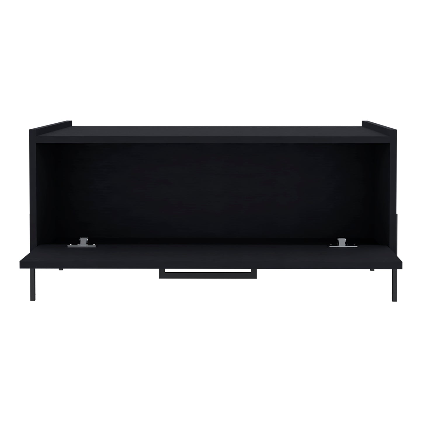 Sleek black media console with open shelving and dropdown cabinet doors perfect for modern living rooms