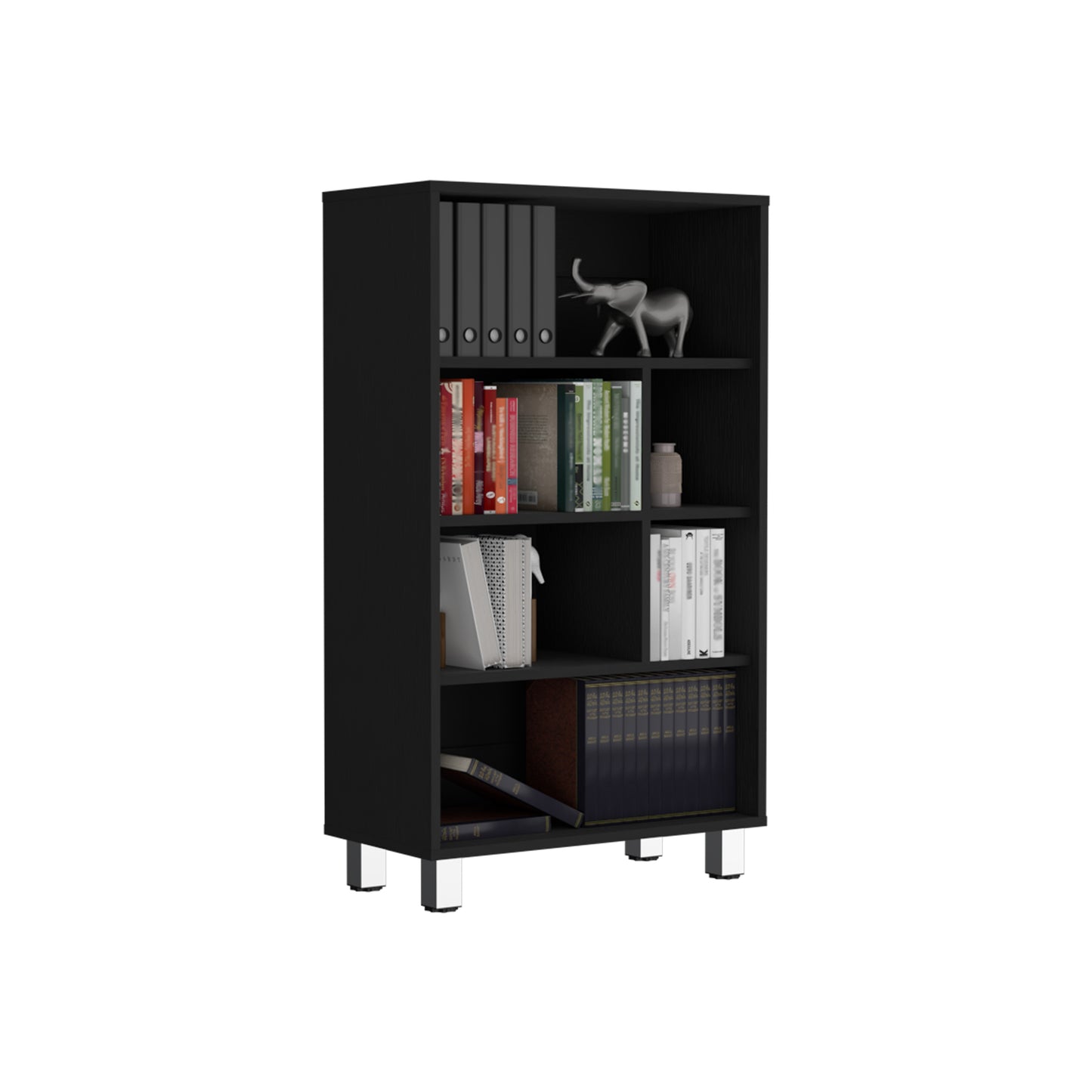 Modern black bookshelf with five shelves featuring binders books and decorative items