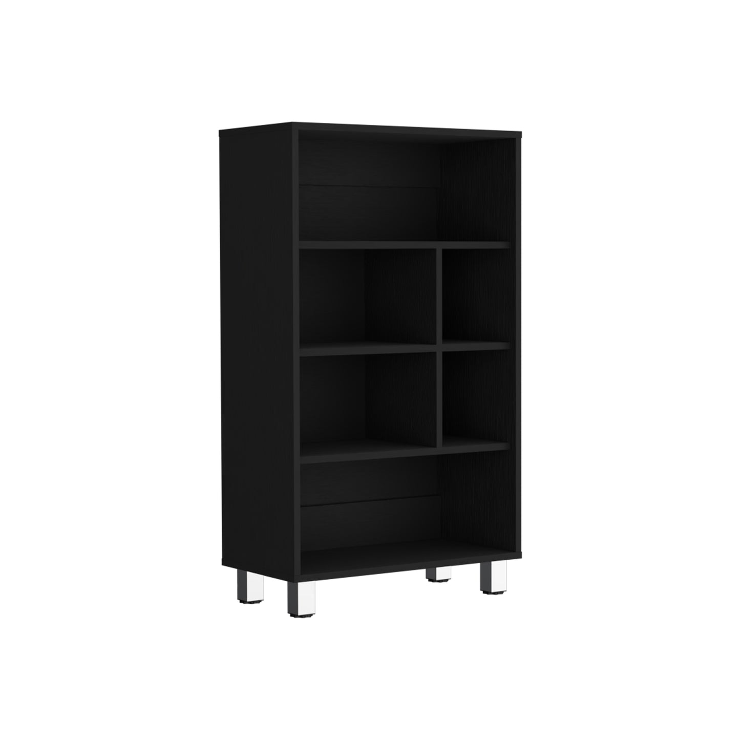 Modern black wood shelf unit with chrome legs ideal for home or office storage