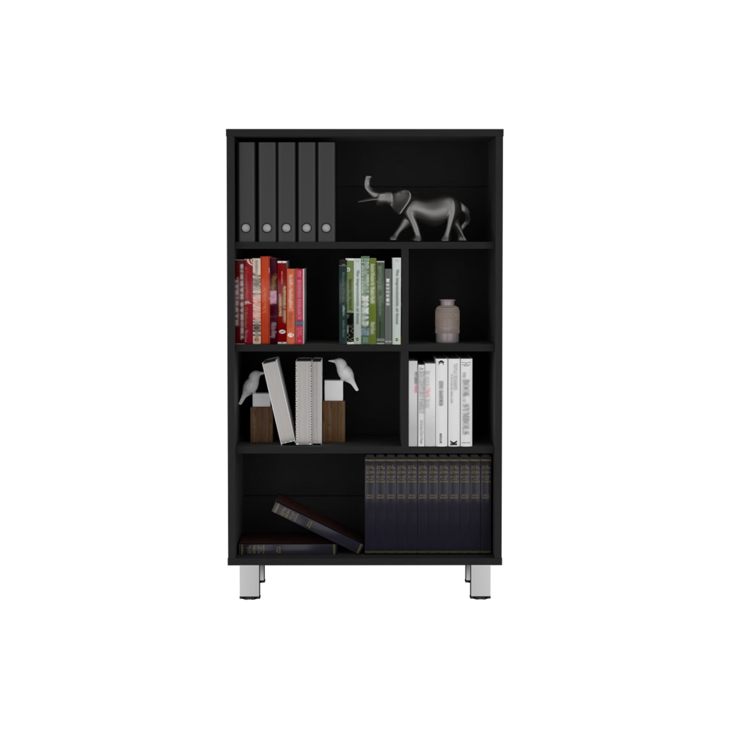 Black modern bookshelf with silver metal legs and decorative elephant