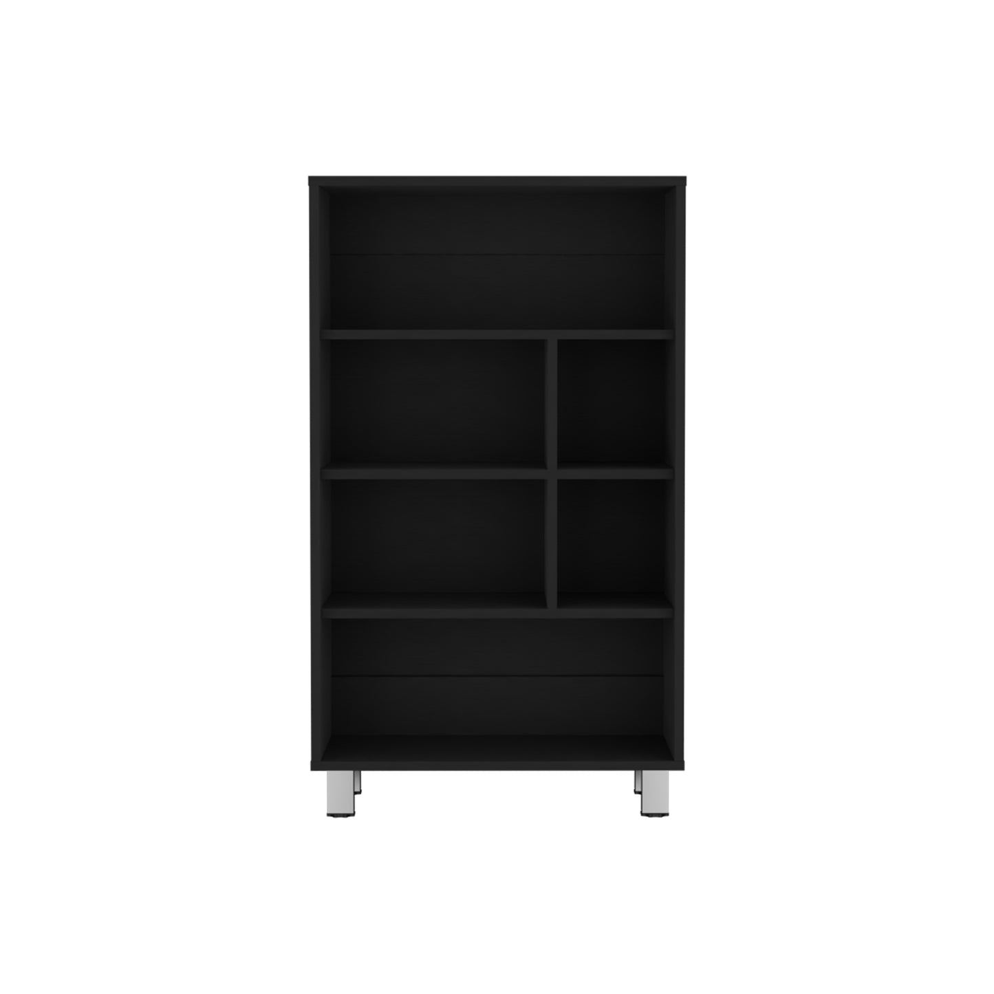 Modern black bookshelf with multiple open shelves and silver metal legs