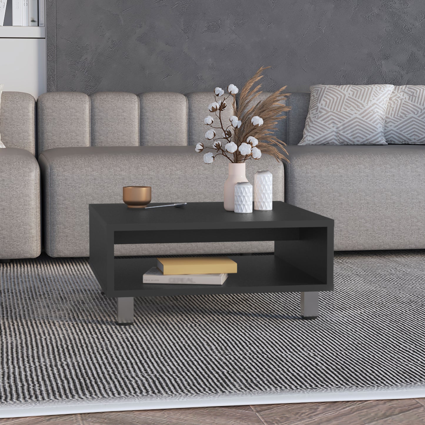 Sleek black coffee table with open shelf and silver legs perfect for modern living rooms