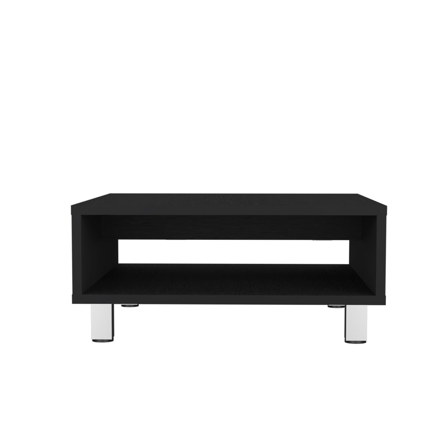 Black minimalist TV stand with open shelf and metal legs for modern living room