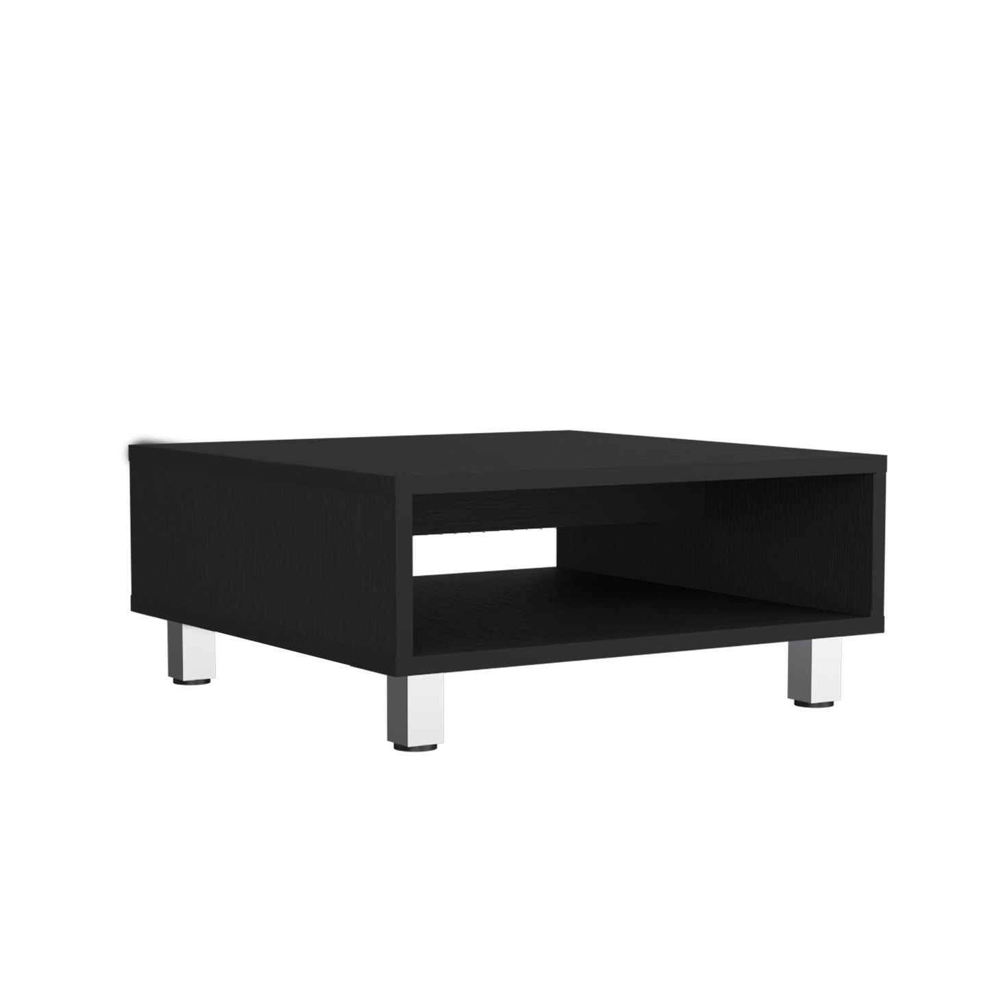 Sleek black coffee table with open shelving and modern chrome legs perfect for living rooms