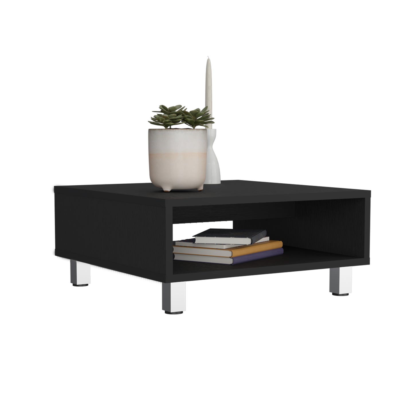 Sleek black bedside table with open shelving and silver legs perfect for modern living rooms