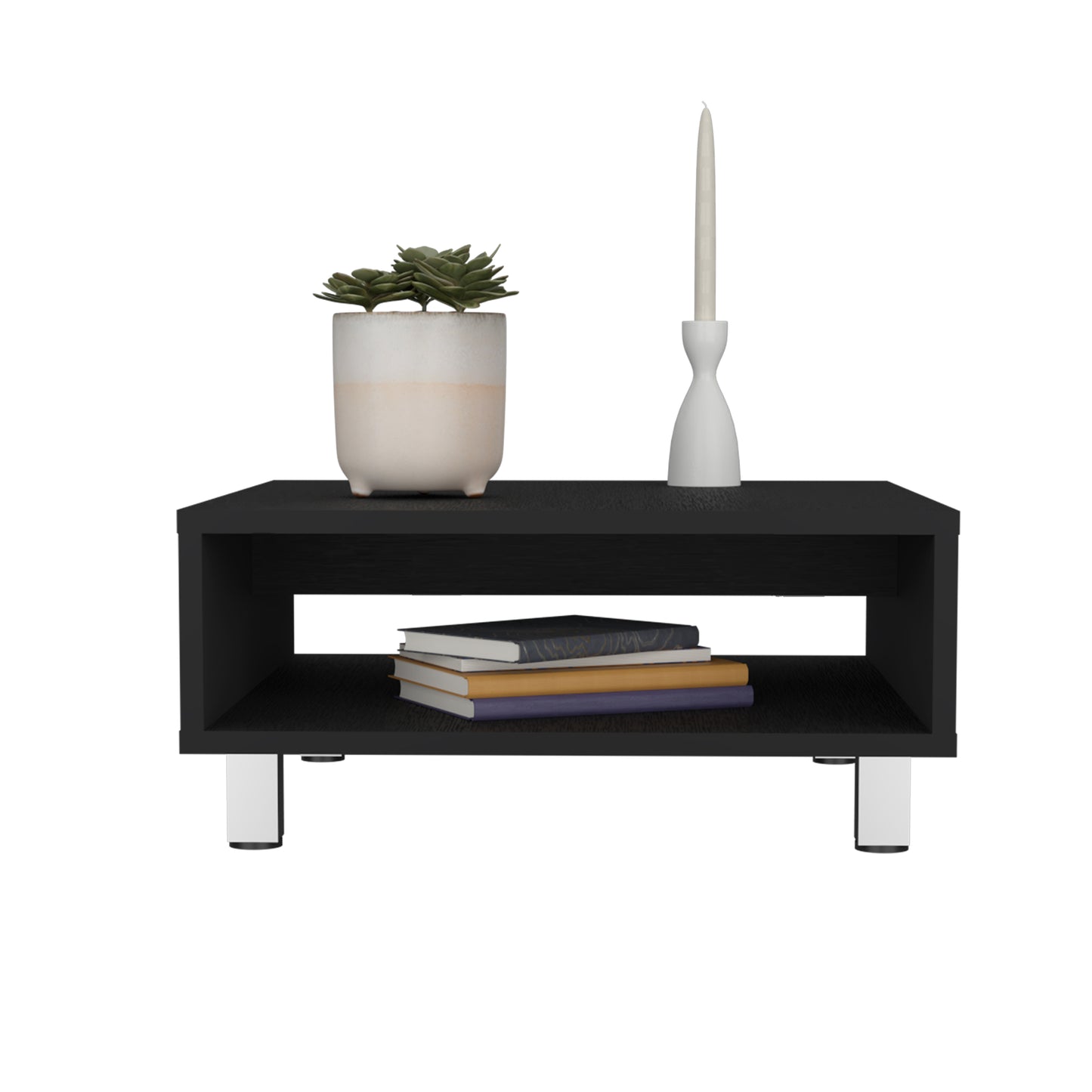 Black modern side table with open shelf and decorative items