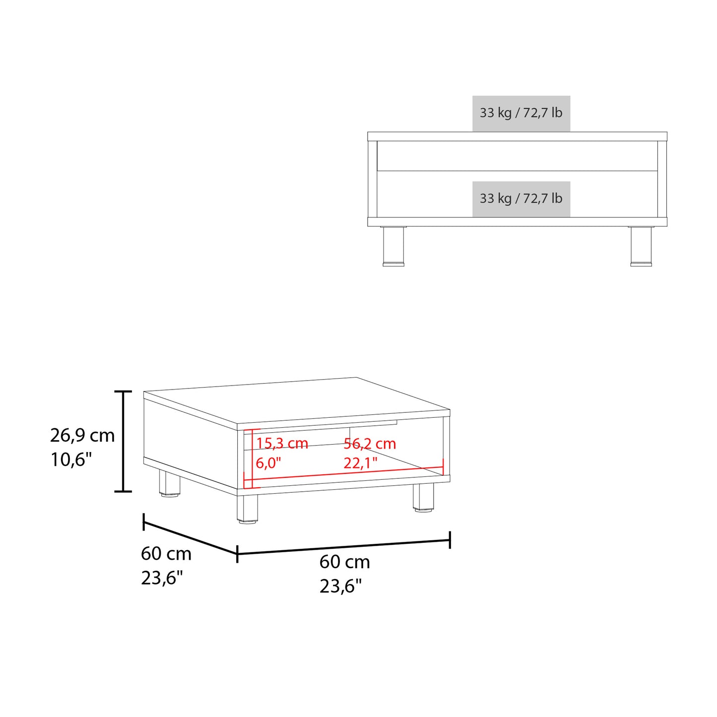 Line drawing of a modern coffee table with dimensions indicated cm width cm height