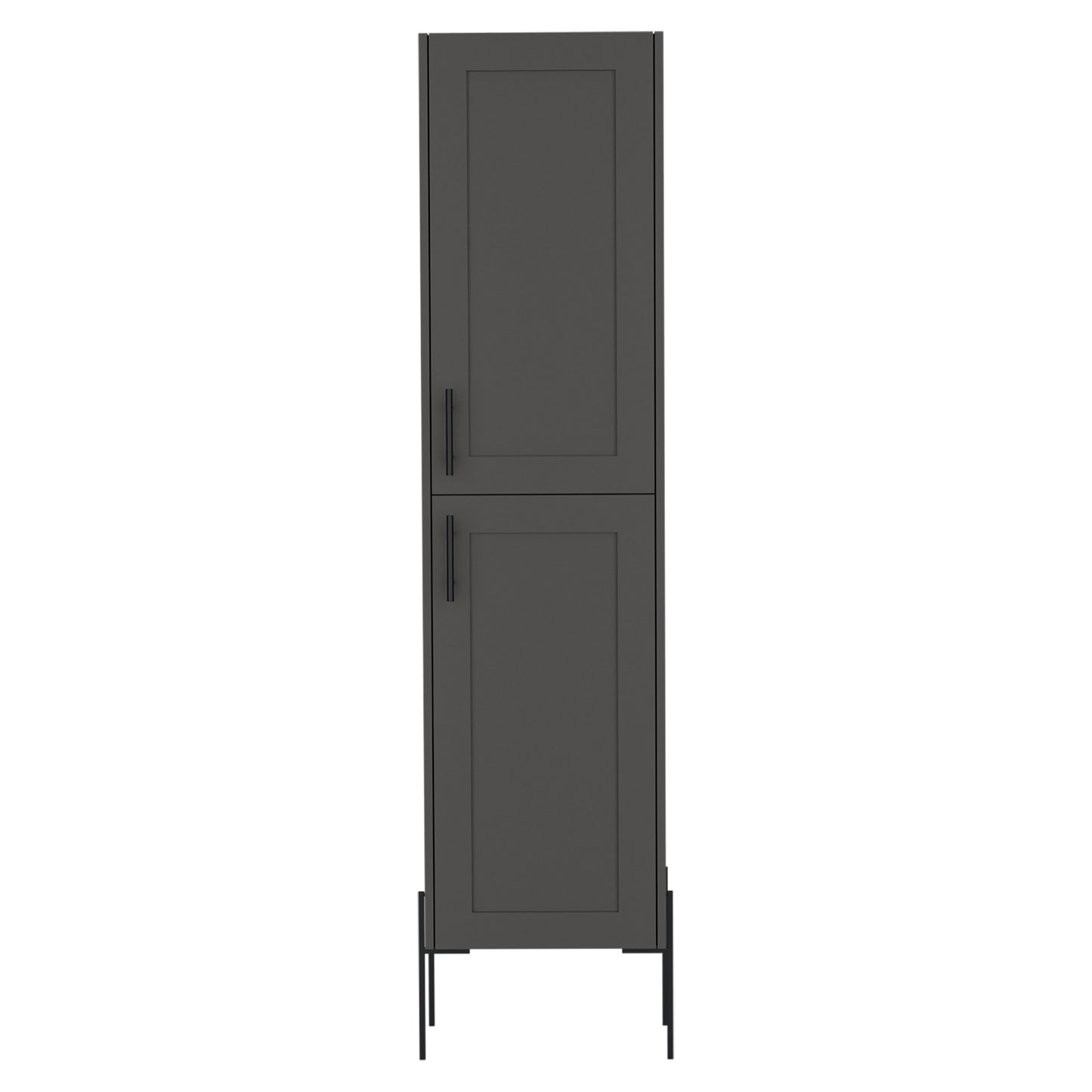 Tall dark gray storage cabinet with two paneled doors and modern black handles