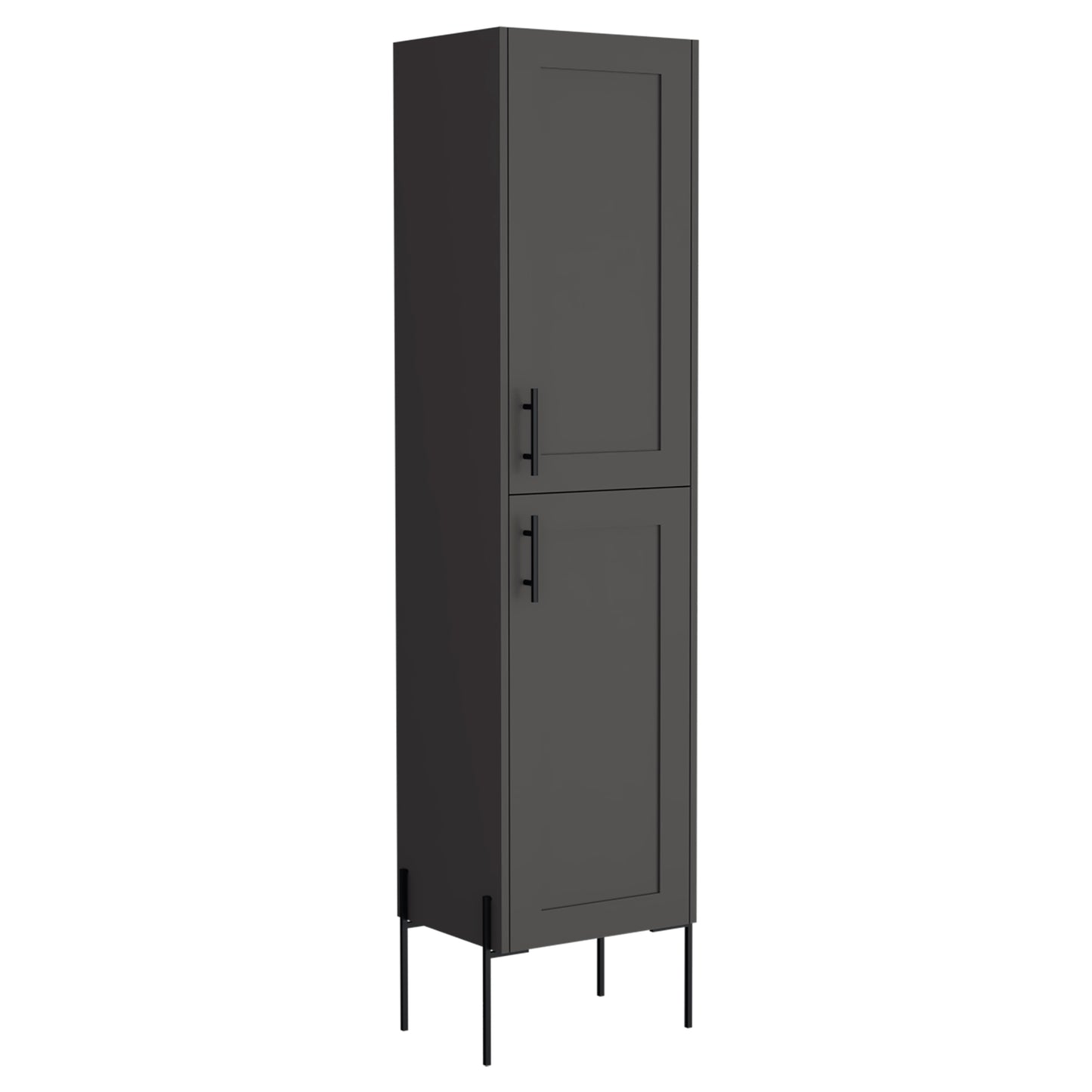 Tall grey storage cabinet with black metal legs and handles