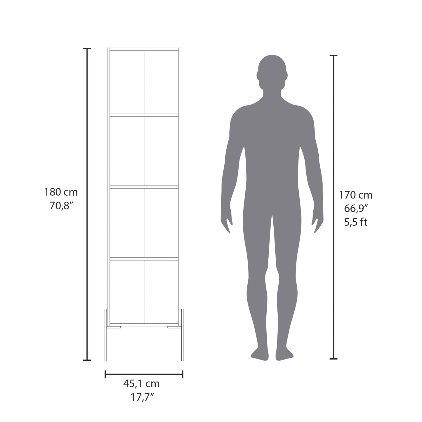 Tall narrow shelving unit with four shelves measuring cm high next to a human silhouette