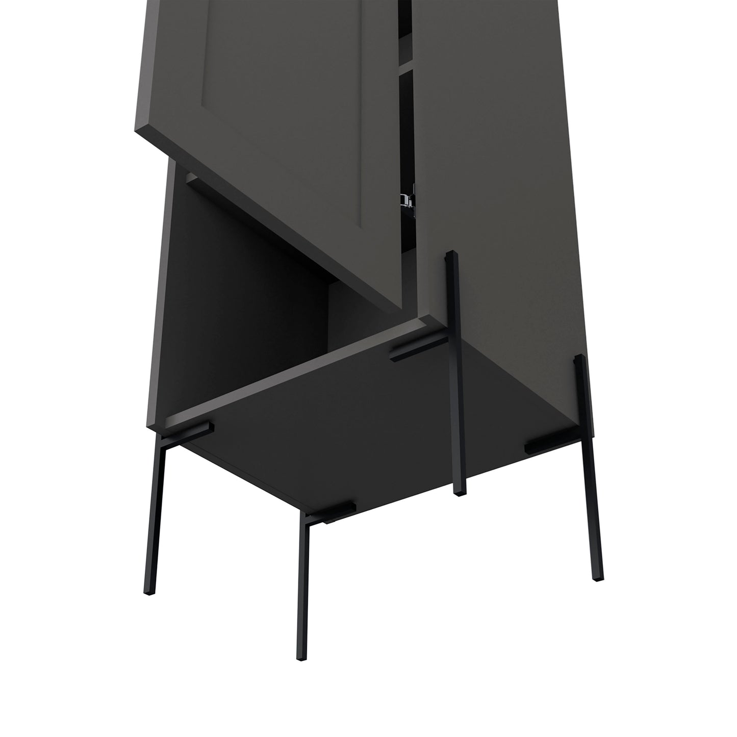 Dark grey modern narrow cabinet with open door and metal legs
