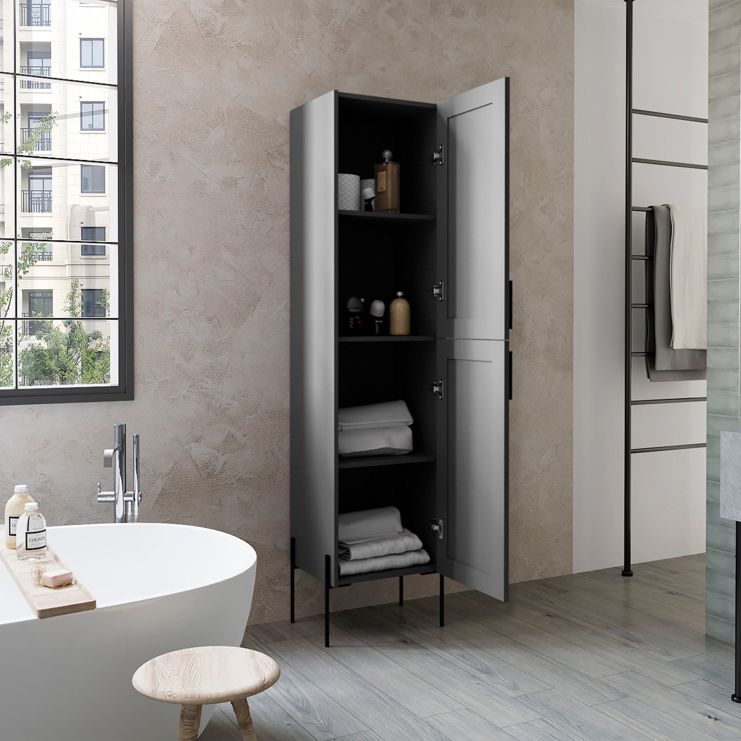 Tall dark grey bathroom cabinet with open doors displaying towels and toiletries
