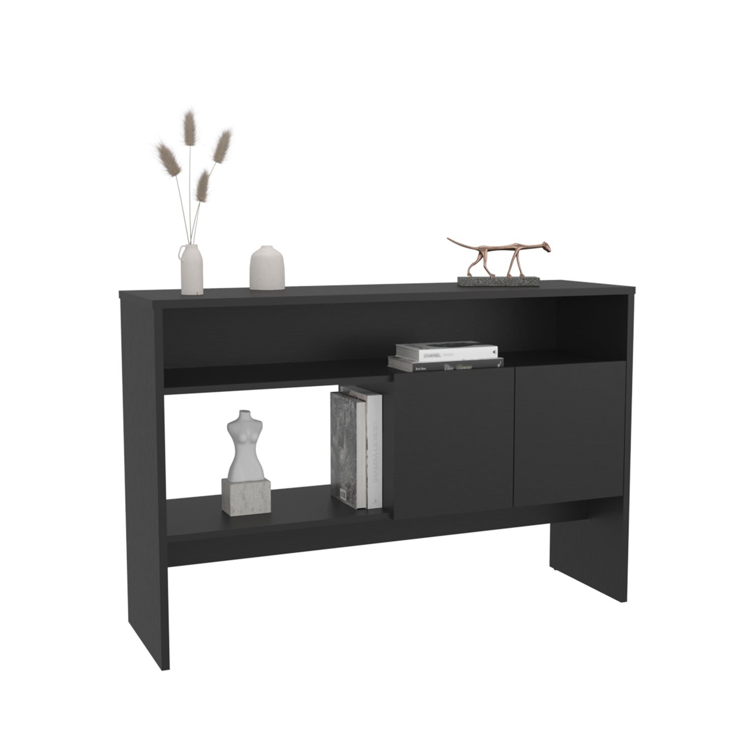 Modern black console table with open shelf and two cabinets for entryways