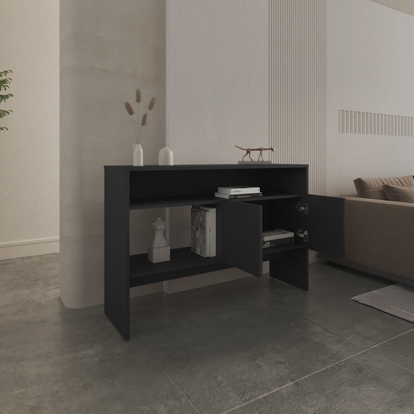 Sleek black modern console table with two open shelves and one cabinet door ajar