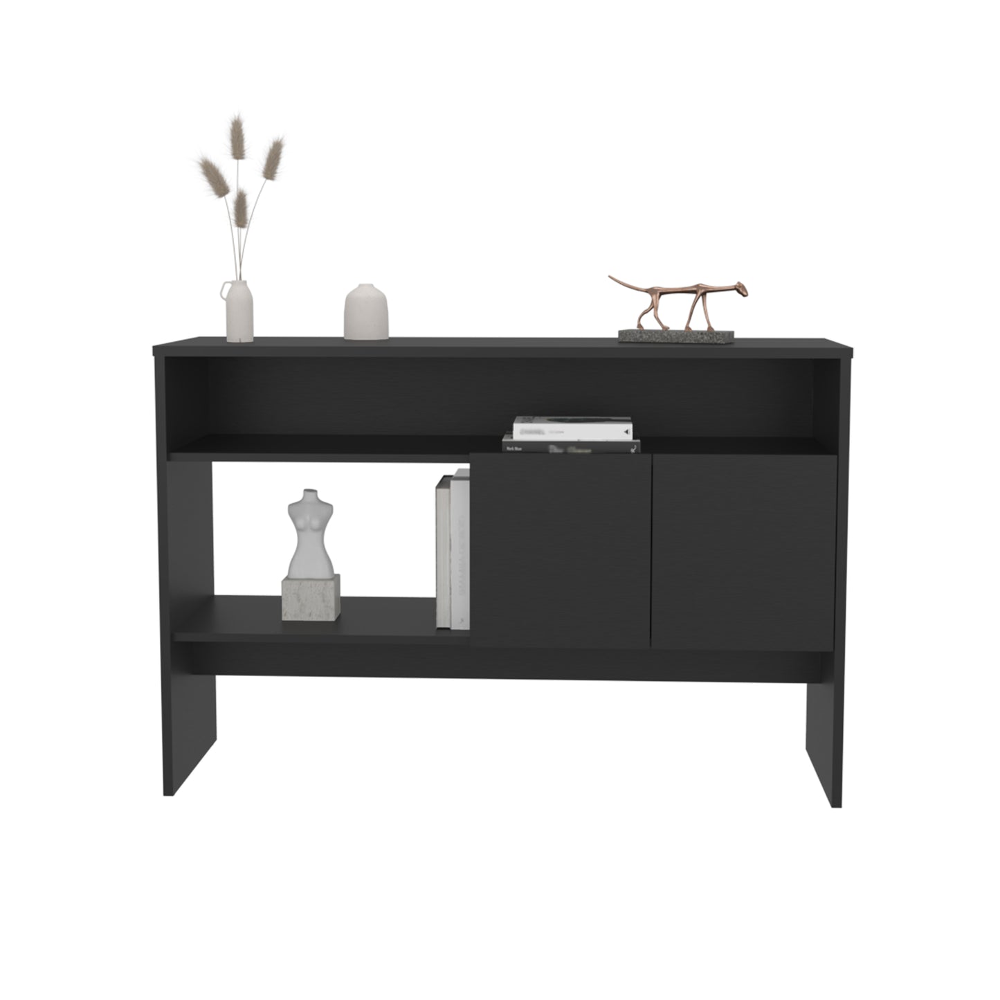 Black entryway console table with open shelf and cabinet holding decor and books
