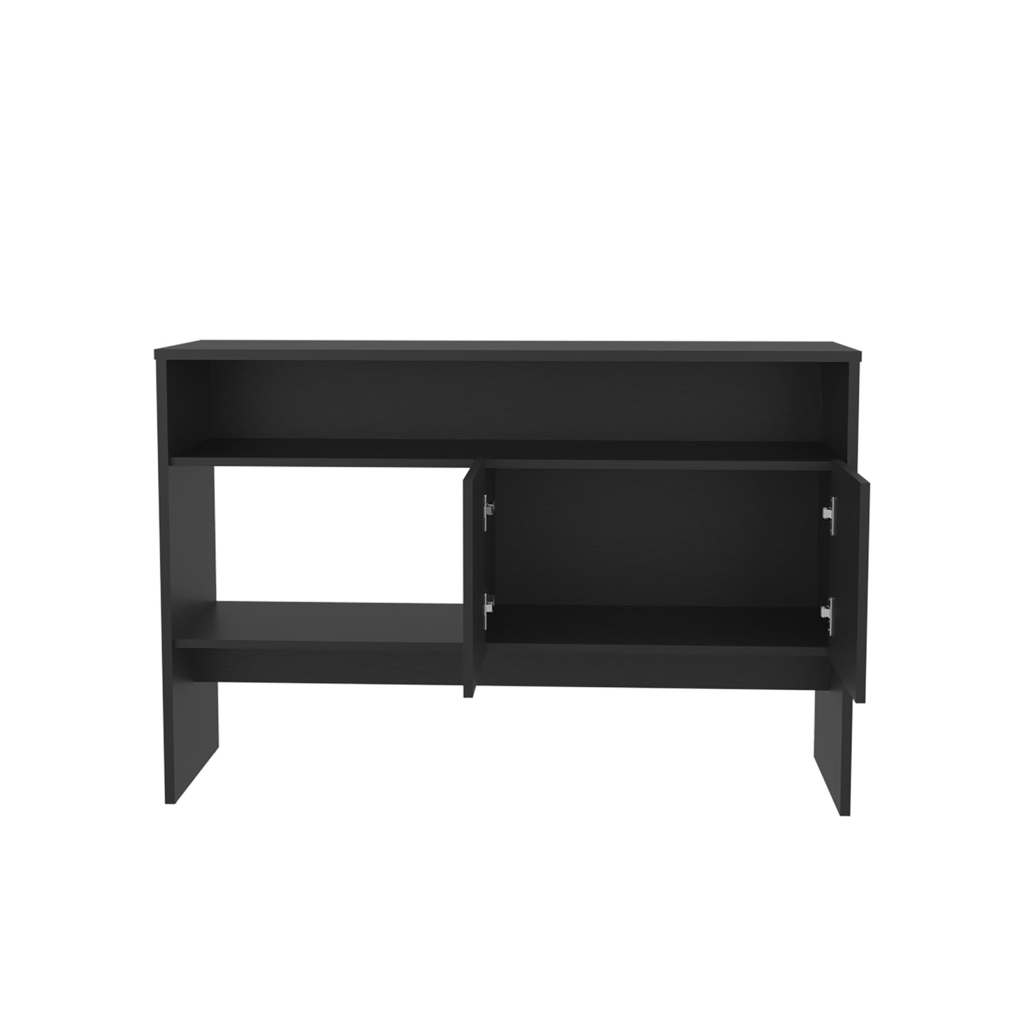 Black modern console table with open shelf and cabinet door