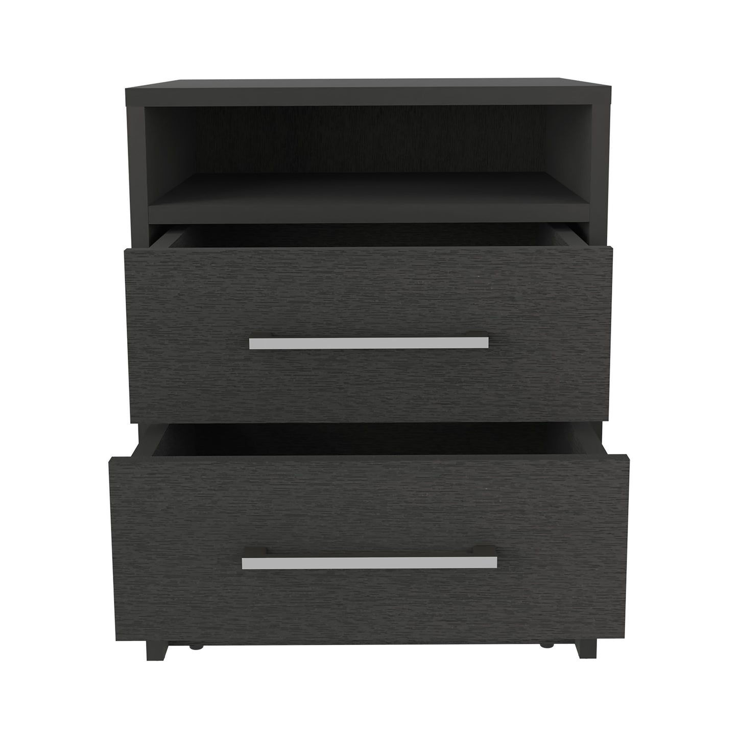Dark grey textured nightstand with two drawers and an open shelf