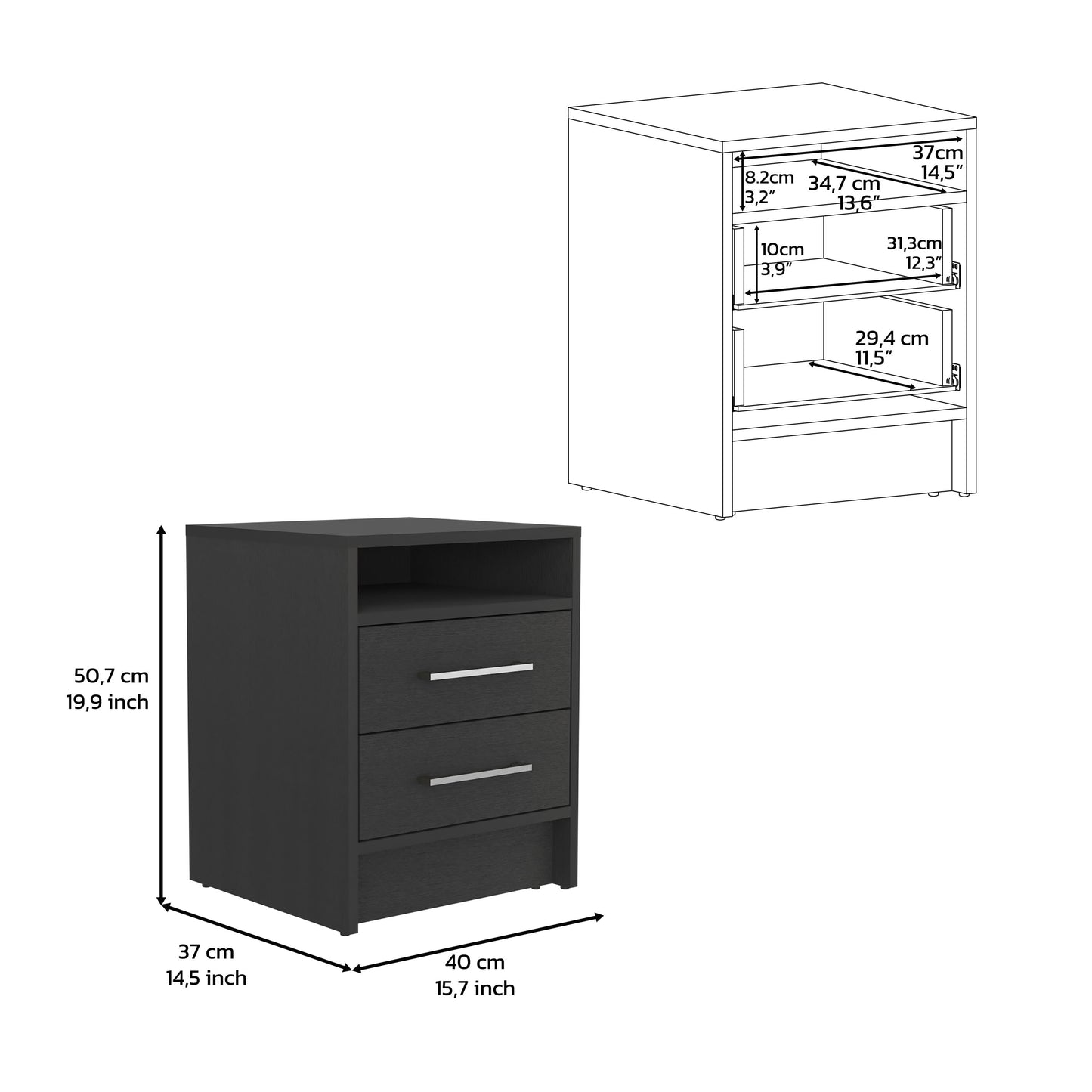 Dark gray nightstand with two drawers and an open shelf modern bedroom furniture