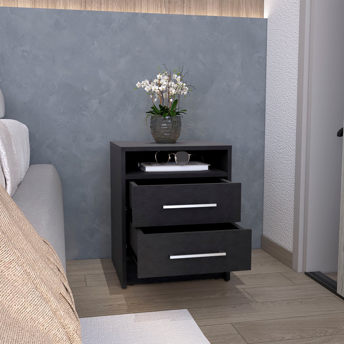Dark wood bedside table with two open drawers and silver handles