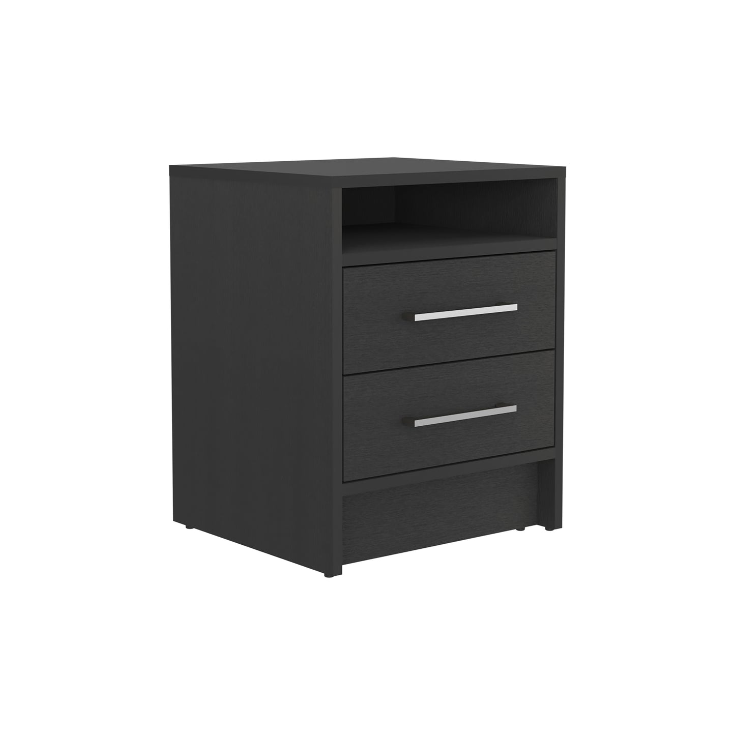 Dark gray modern nightstand with two drawers and open shelf