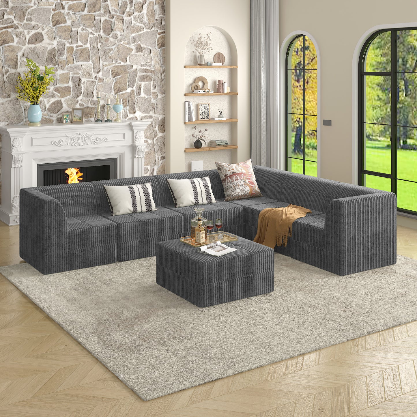 Dark gray corduroy sectional sofa with plush cushions perfect for a modern living room