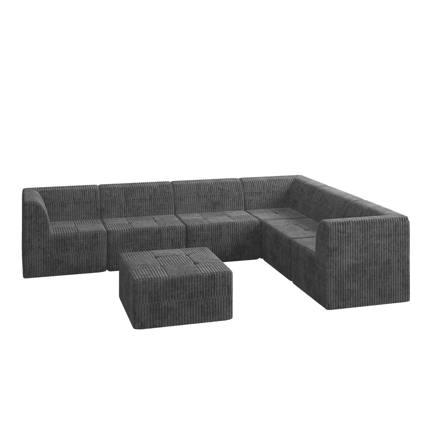 Dark gray corduroy sectional sofa with ottoman modern style perfect for living rooms