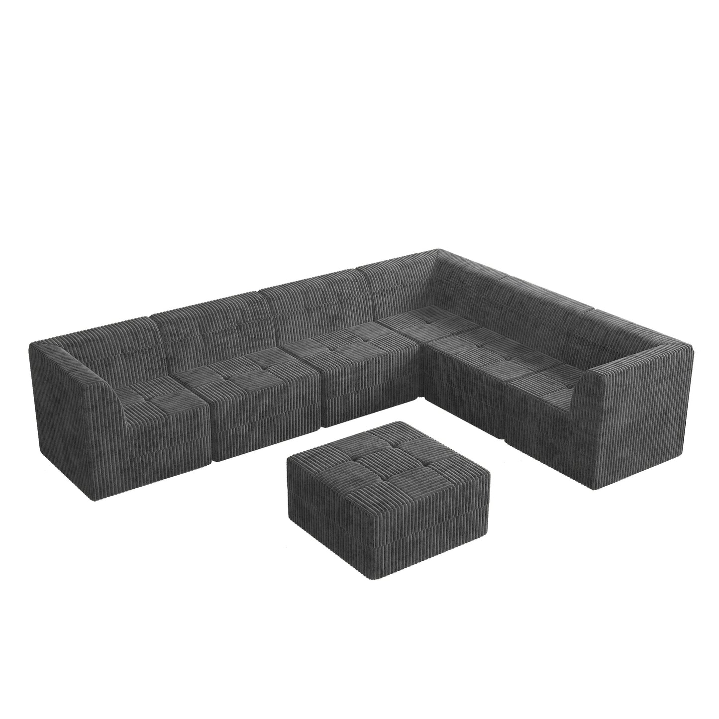 Dark grey corduroy modular sectional sofa with tufted seating and matching ottoman