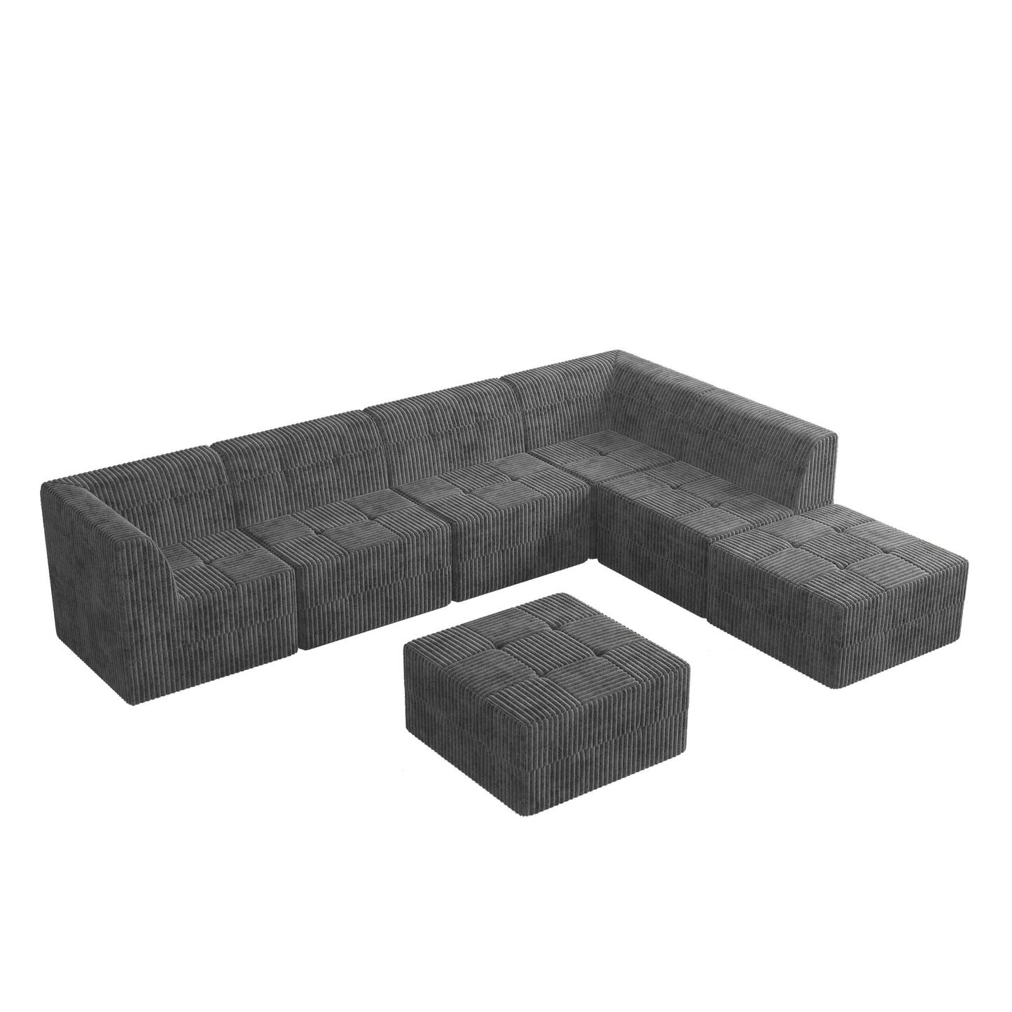 Dark gray corduroy sectional sofa with tufted cushions and matching ottoman