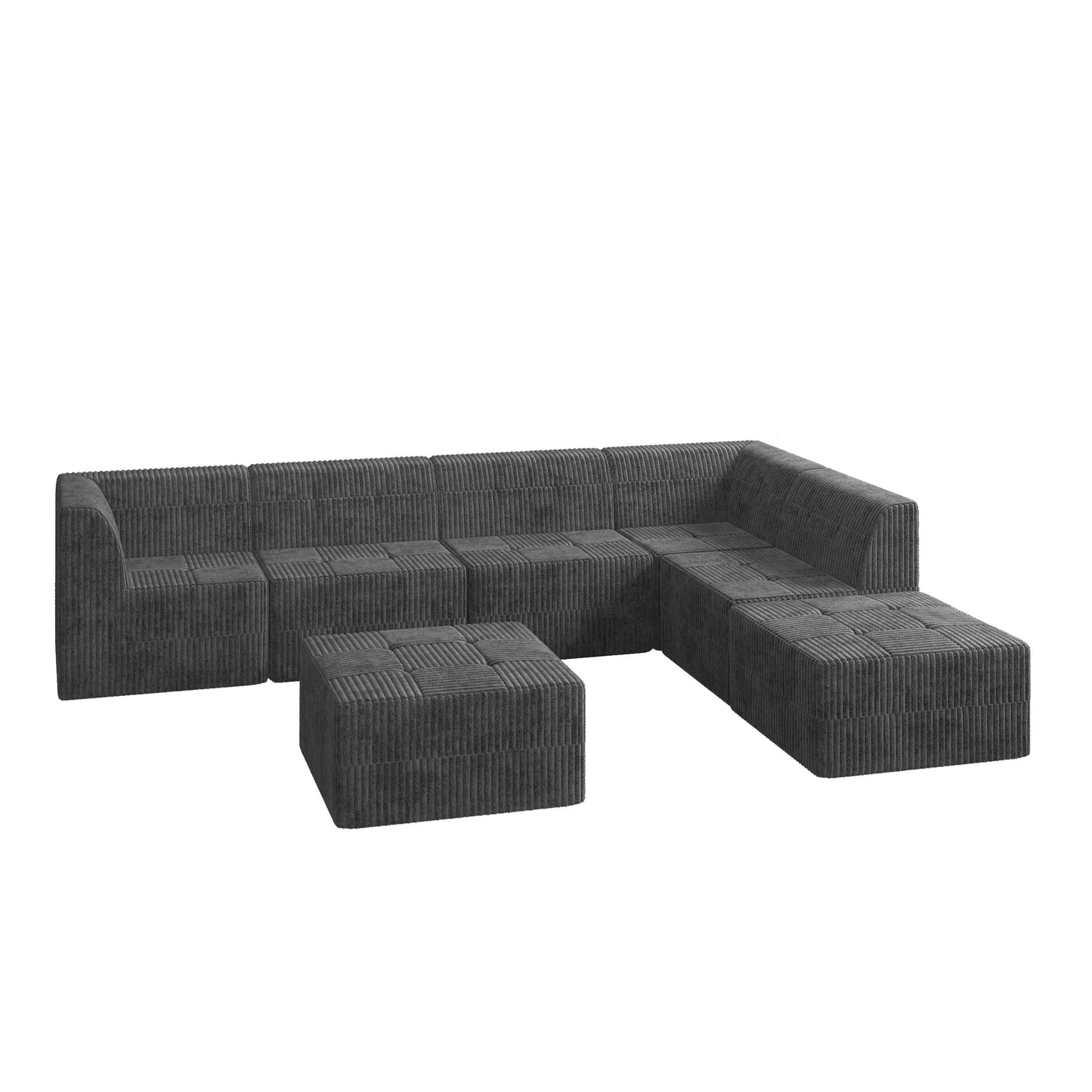 Dark gray corduroy sectional sofa with ottoman