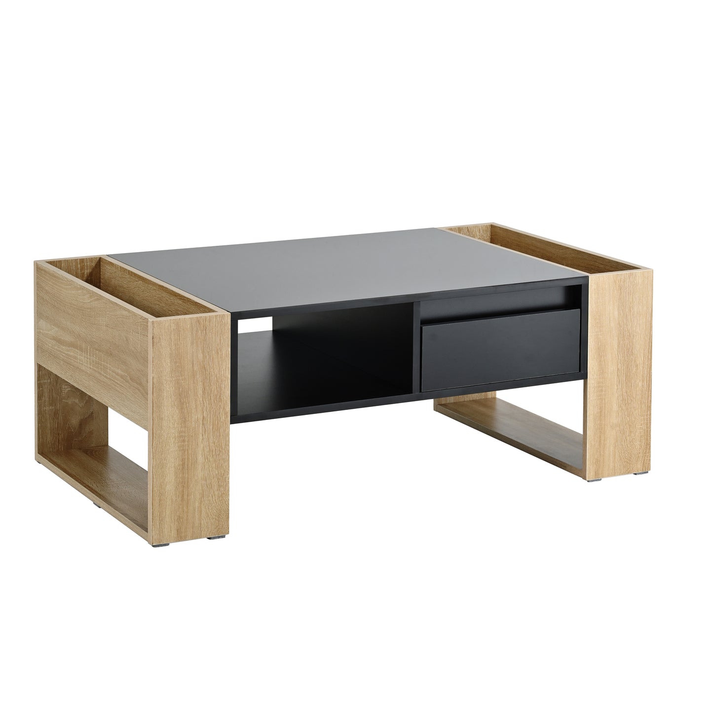 Modern coffee table with grey tabletop open shelf and drawer oak wood frame
