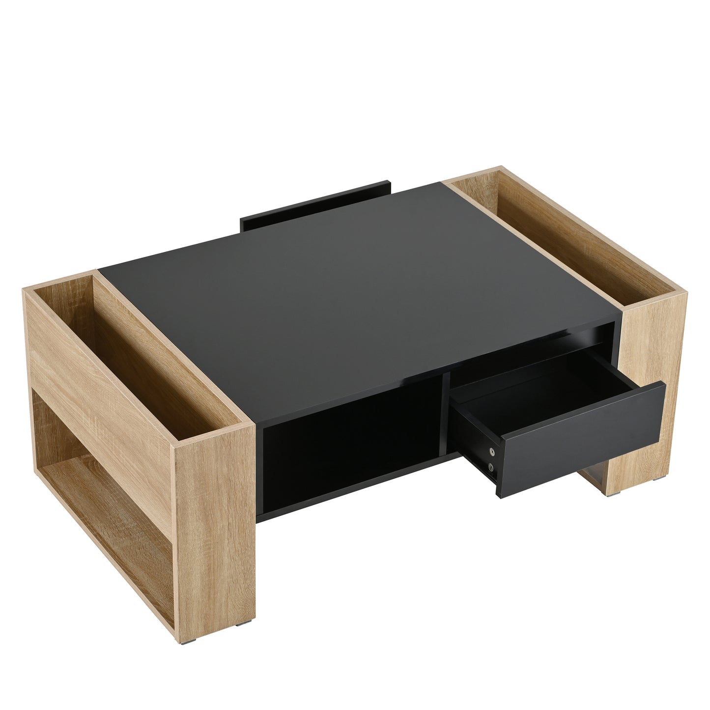 Modern lifttop coffee table in black with oak wood accents and open storage compartments