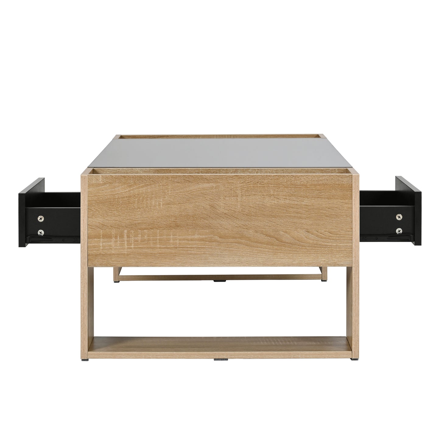 Modern oak wood coffee table with grey glass top and open drawers