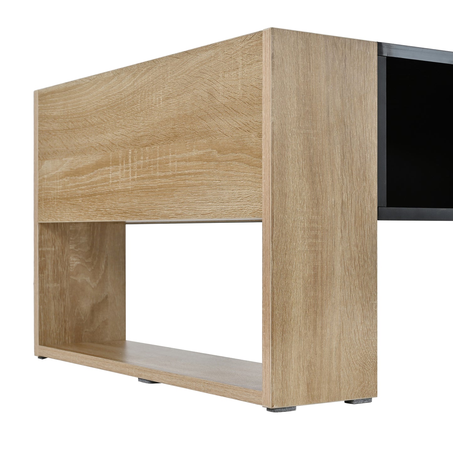 Light oak wood effect coffee table with a single black shelf section