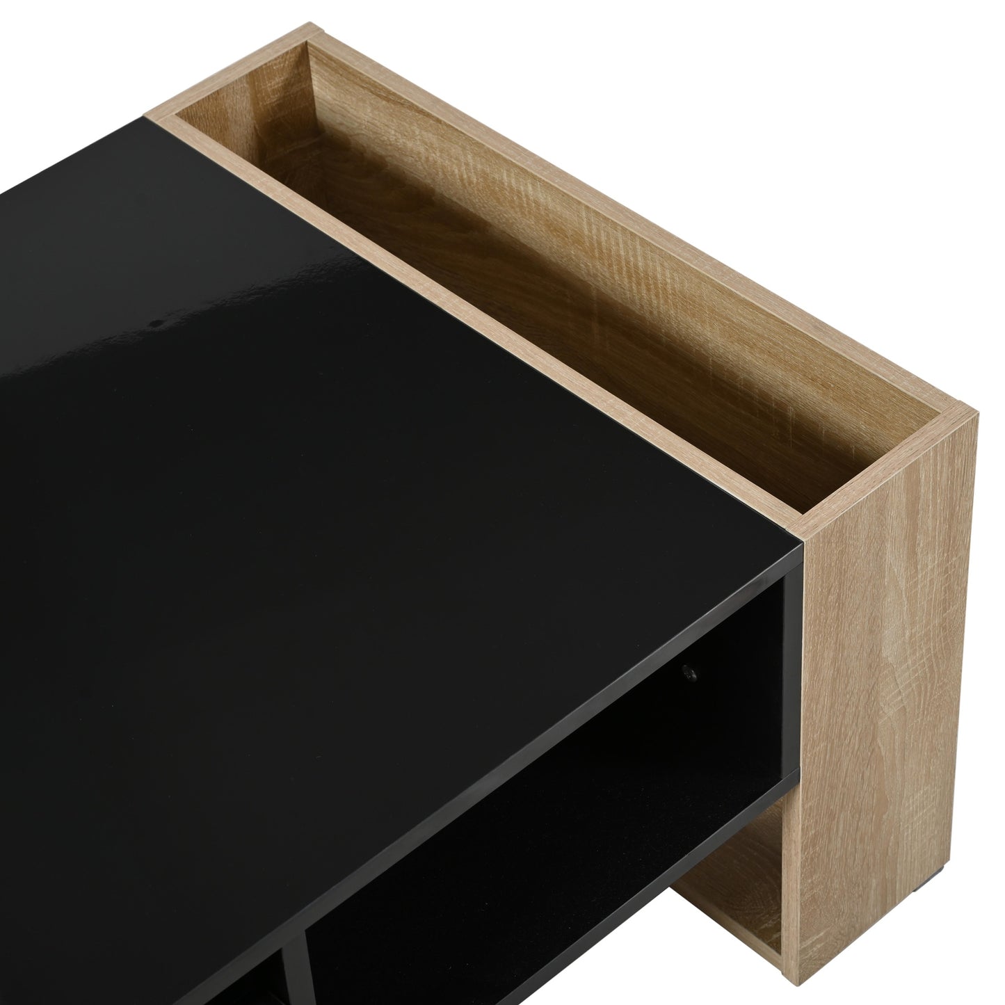 Modern black and wood entertainment center with open shelves and a magazine rack