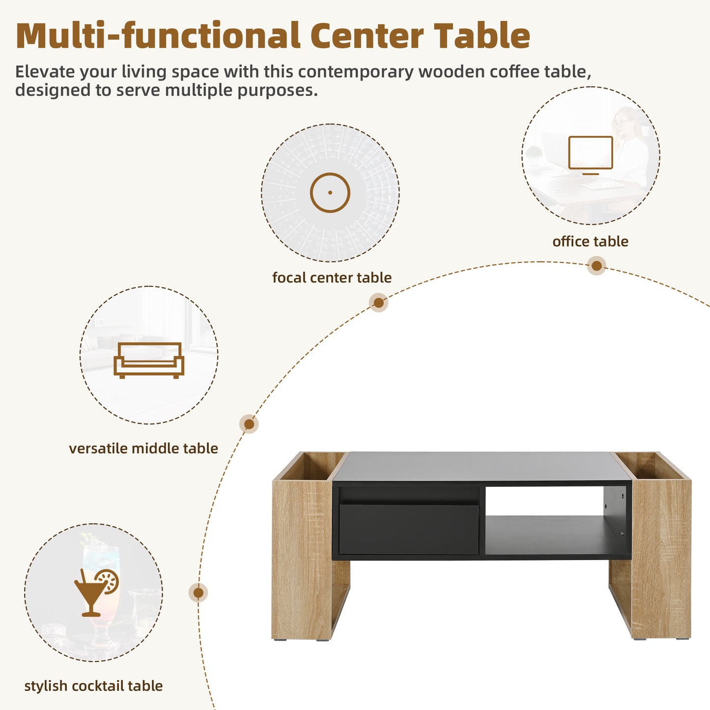 Modern coffee table with oak veneer and black drawer perfect for living rooms